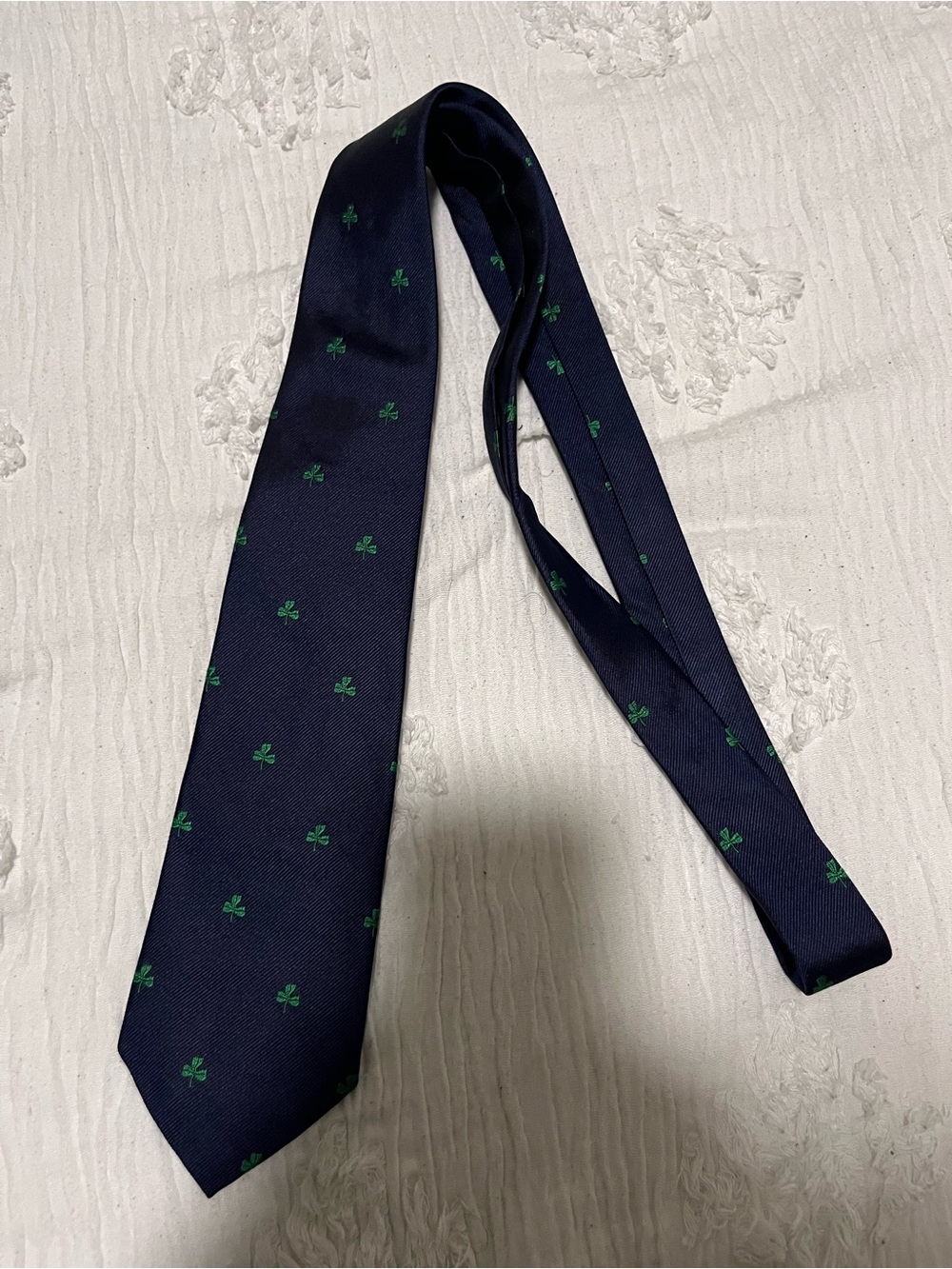 J. Crew Navy Tie with Green Shamrock Motif